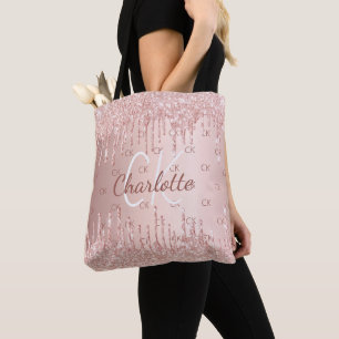 Rose gold glitter drips monogram elegant  tote bag