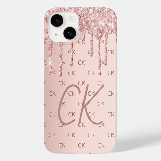 Rose gold glitter drips monogram initials script Case-Mate iPhone case (Back)