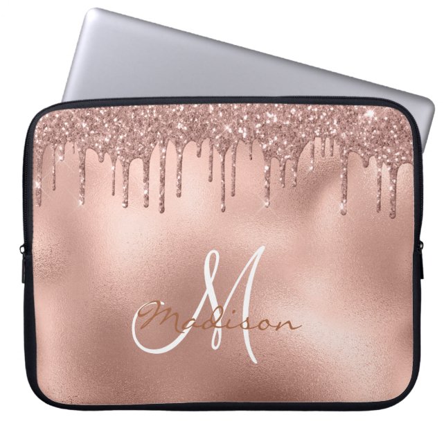 Rose Gold Glitter Drips Monogram Laptop Sleeve (Front)