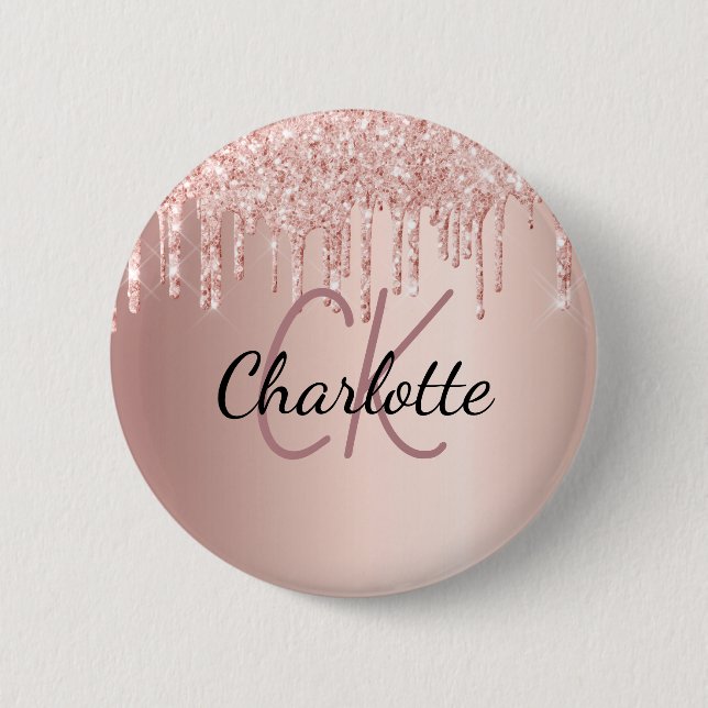 Rose gold glitter drips monogram name 6 cm round badge (Front)
