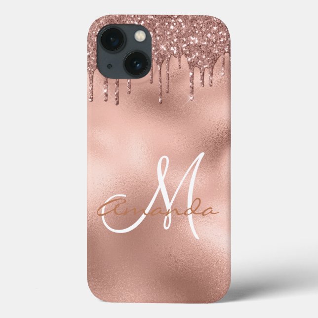 Rose Gold Glitter Drips Monogram Personalised Case-Mate iPhone Case (Back)