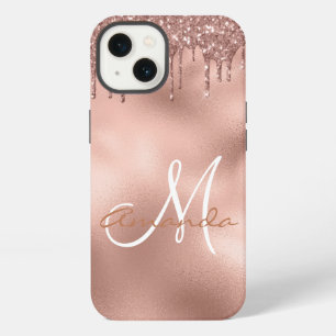 Rose Gold Glitter Drips Monogram Personalised iPhone 13 Case