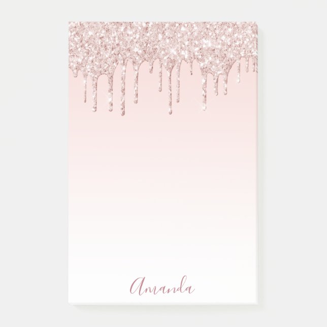 Rose gold glitter drips name script post-it notes (Front)