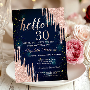 Rose Gold Glitter Drips Navy Blue 30th Birthday Invitation