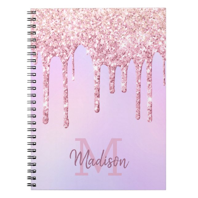 Rose Gold Glitter Drips Ombre Unicorn Monogrammed Notebook (Front)