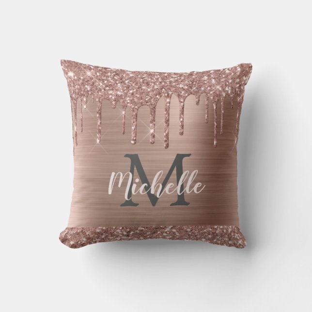 Rose Gold Glitter Drips on Pink Metal Monogrammed Cushion (Front)