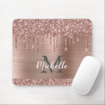 Rose Gold Glitter Drips on Pink Metal Name Mouse Mat<br><div class="desc">Modern, girly rose gold glitter drips name and monogrammed mousepad. This design features blush pink rose gold glitter sparkle drips on pink brushed metal background with custom personalised monogram initial and first name text template. Perfect feminine gift. Please note, this design is printed photo effect. If you need help or...</div>