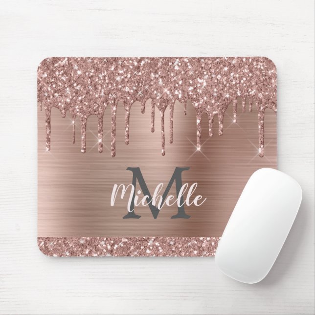 Rose Gold Glitter Drips on Pink Metal Name Mouse Mat (With Mouse)