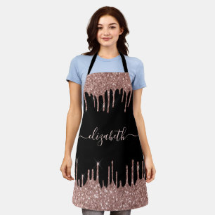 Rose Gold Glitter Drips Personalised Black Apron