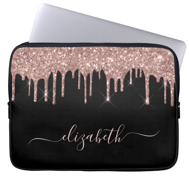 Rose Gold Glitter Drips Personalised Black Laptop Sleeve (Front)