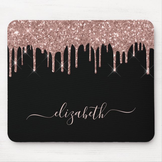 Rose Gold Glitter Drips Personalised Black Mouse Mat (Front)