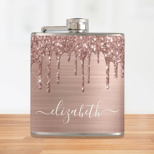 Rose Gold Glitter Drips Personalised Hip Flask