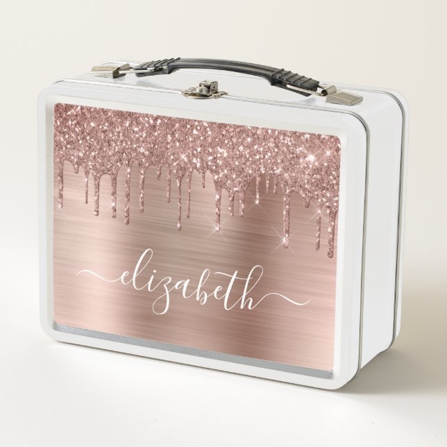 Rose Gold Glitter Drips Personalised Metal Lunch Box (Front)