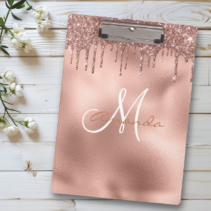 Rose Gold Glitter Drips Personalised Monogram  Clipboard