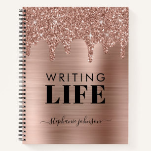 Rose Gold Glitter Drips Personalised Writers Notebook