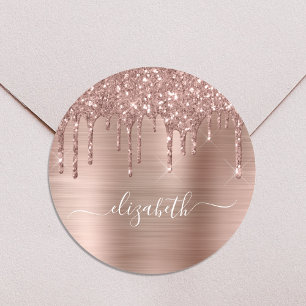 Rose Gold Glitter Drips Personalized Classic Round Sticker