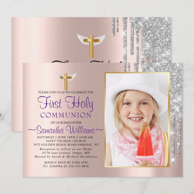 Rose Gold Glitter Drips Photo First Communion Invitation (Front/Back)