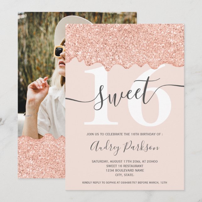 Rose gold glitter drips photo pastel pink Sweet 16 Invitation (Front/Back)