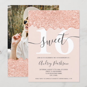 Rose gold glitter drips photo pastel pink Sweet 16 Invitation