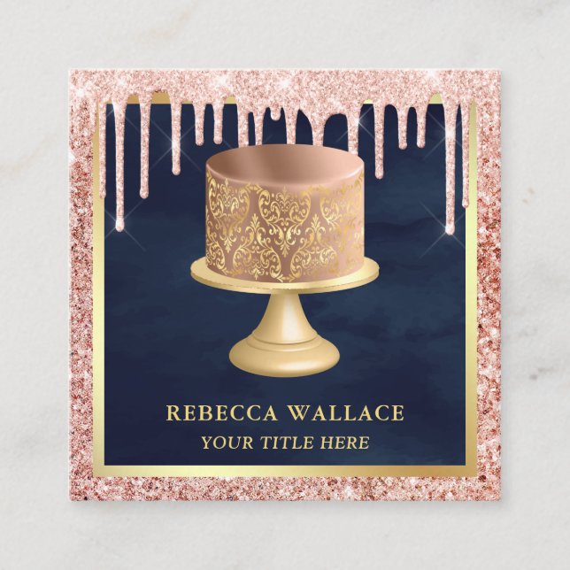 Rose Gold Glitter Drips Pink Damask Cake Bakery Square Business Card (Front)