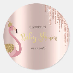Rose Gold Glitter Drips Pink Flamingo Baby Shower Classic Round Sticker