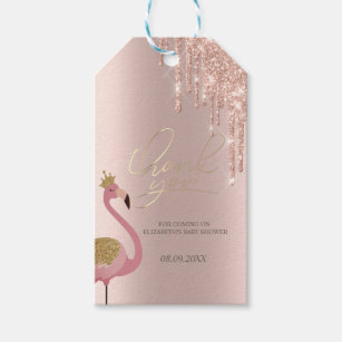 Rose Gold Glitter Drips Pink Flamingo Baby Shower Gift Tags