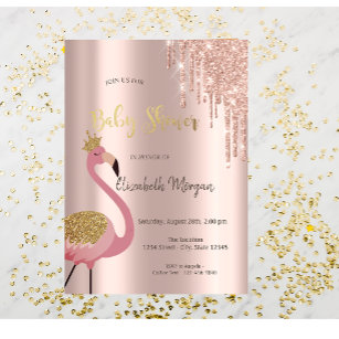 Rose Gold Glitter Drips Pink Flamingo Baby Shower Invitation