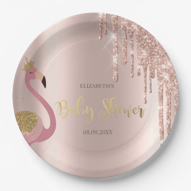 Rose Gold Glitter Drips Pink Flamingo Baby Shower  Paper Plate (Front)