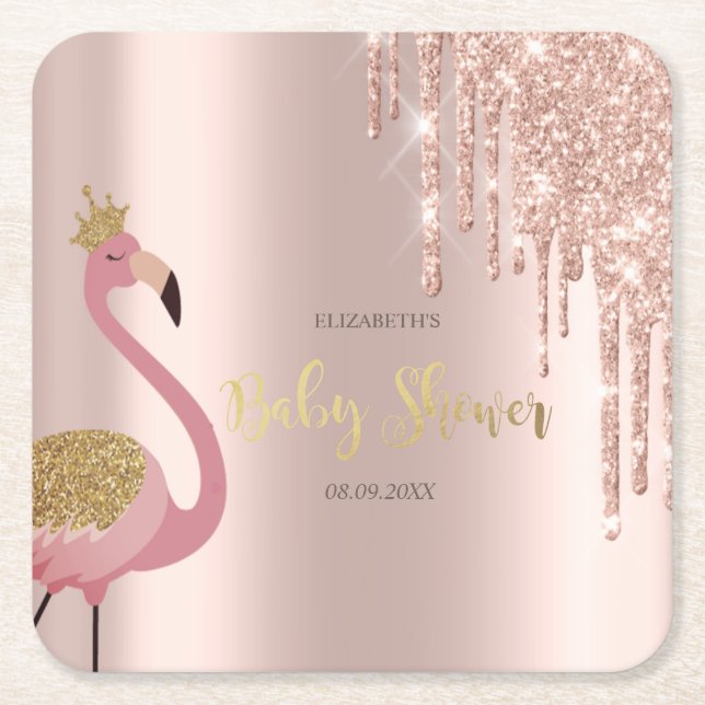 Rose Gold Glitter Drips Pink Flamingo Baby Shower  Square Paper Coaster (Front)