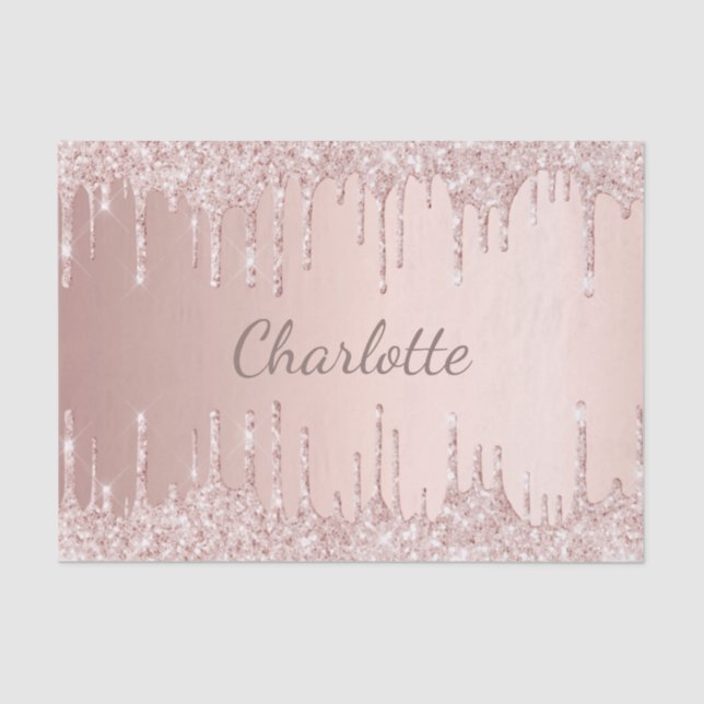 Rose gold glitter drips pink girly monogram tissue paper (Front)
