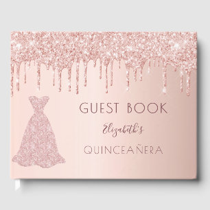 Rose gold glitter drips pink gown Quinceanera Guest Book