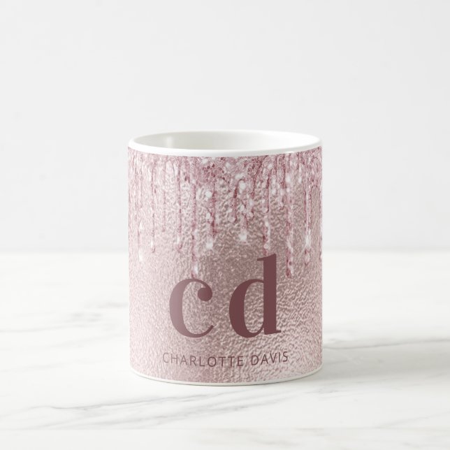 Rose gold glitter drips pink monogram name coffee mug (Center)
