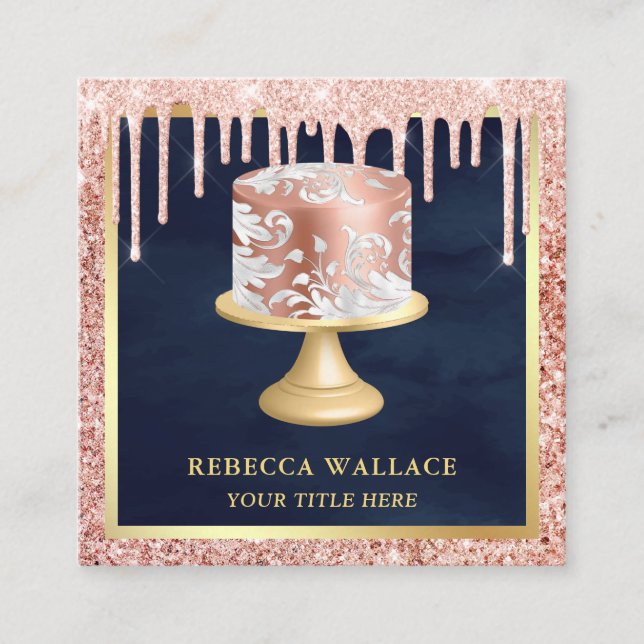 Rose Gold Glitter Drips Pink Ornate Cake Bakery Square Business Card (Front)