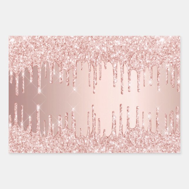 Rose gold glitter drips pink sparkle glam girly  wrapping paper sheet (Front)
