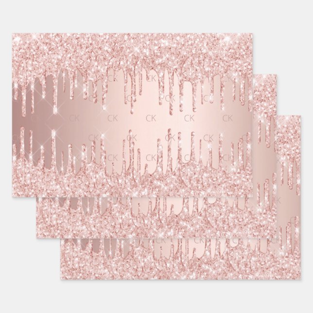Rose gold glitter drips pink sparkle glam monogram wrapping paper sheet (Set)