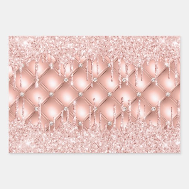 Rose gold glitter drips pink sparkle luxury wrapping paper sheet (Front)