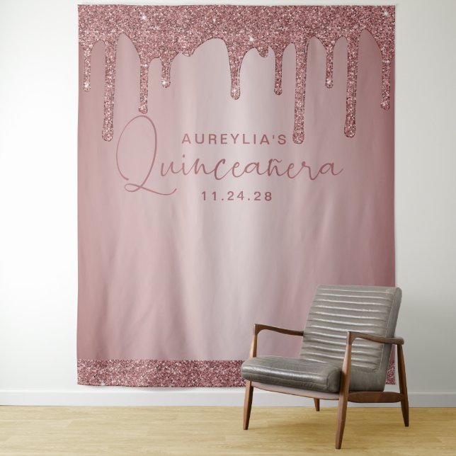 Rose Gold Glitter Drips Quinceanera Backdrop Tapestry (In Situ)