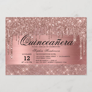 Rose Gold Glitter Drips Quinceañera Invitation