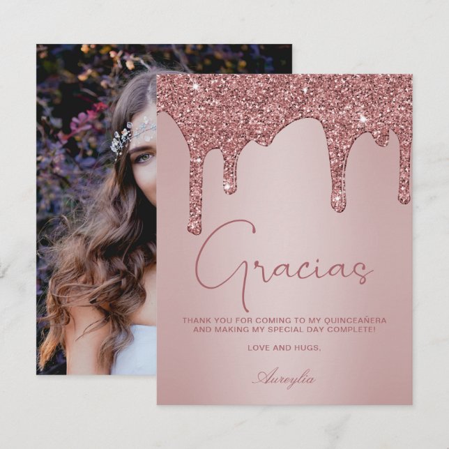 Rose Gold Glitter Drips Quinceanera Photo Gracias Thank You Card (Front/Back)