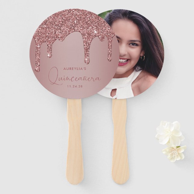 Rose Gold Glitter Drips Quinceanera Photo Hand Fan (Front and Back)