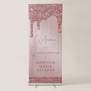 Rose Gold Glitter Drips Quinceanera Welcome Retractable Banner
