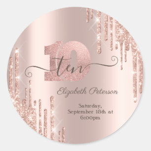Rose Gold Glitter Drips Rose Gold 10th Birthday  Classic Round Sticker