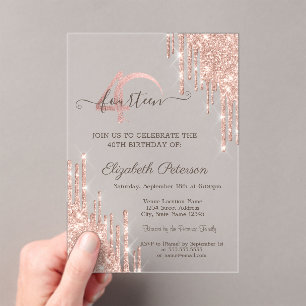 Rose Gold Glitter Drips Rose Gold 40th Birthday  Acrylic Invitations