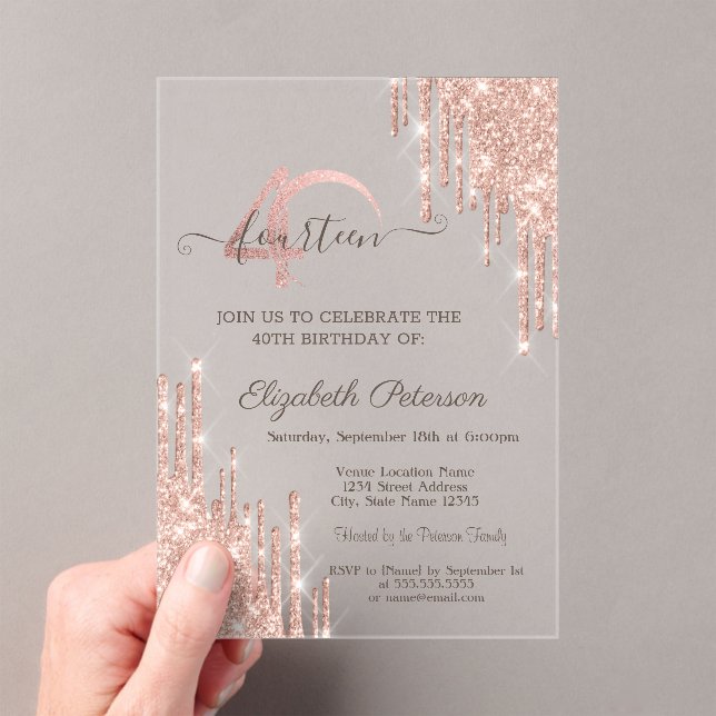 Rose Gold Glitter Drips Rose Gold 40th Birthday  Acrylic Invitations (Insitu (Handheld))
