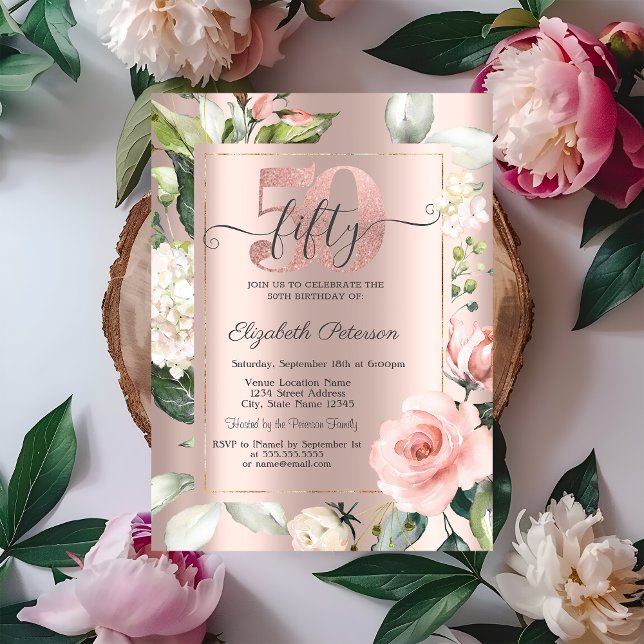 Rose Gold Glitter Drips Roses 50th Birthday  Invitation (Creator Uploaded)