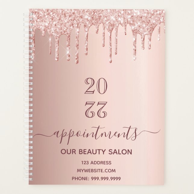 Rose gold glitter drips salon appointments 2026 planner (Front)