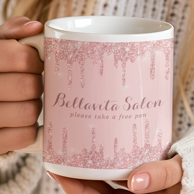 Rose Gold Glitter Drips Salon Business Pen Holder Coffee Mug (Creator Uploaded)