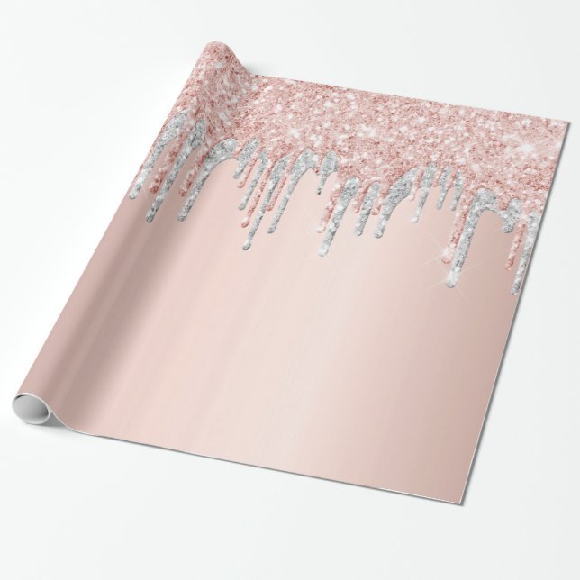 Rose gold glitter drips silver birthday wrapping paper (Unrolled)