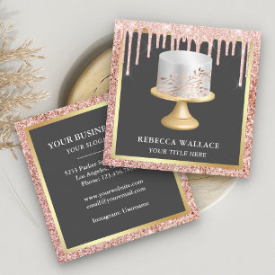 Rose Gold Glitter Drips Silver Leaves Cake Bakery Square Business Card