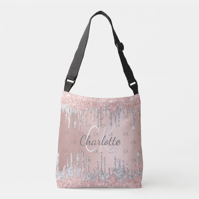 Rose gold glitter drips silver monogram elegant crossbody bag (Front)